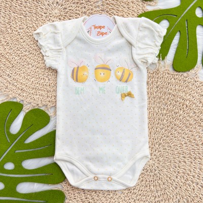 Kit 3 Peças - Bodys Manga Curta Bem Me Quer Abelhas - Amarelo, Off White e Mostarda